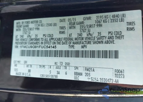2015 Ford Escape Se z USA, uszkodzony, nr VIN 1FMCU9G91FUC54145